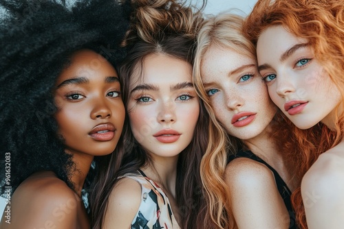 Four women with distinct skin tones and facial features different nationalities looking in camera