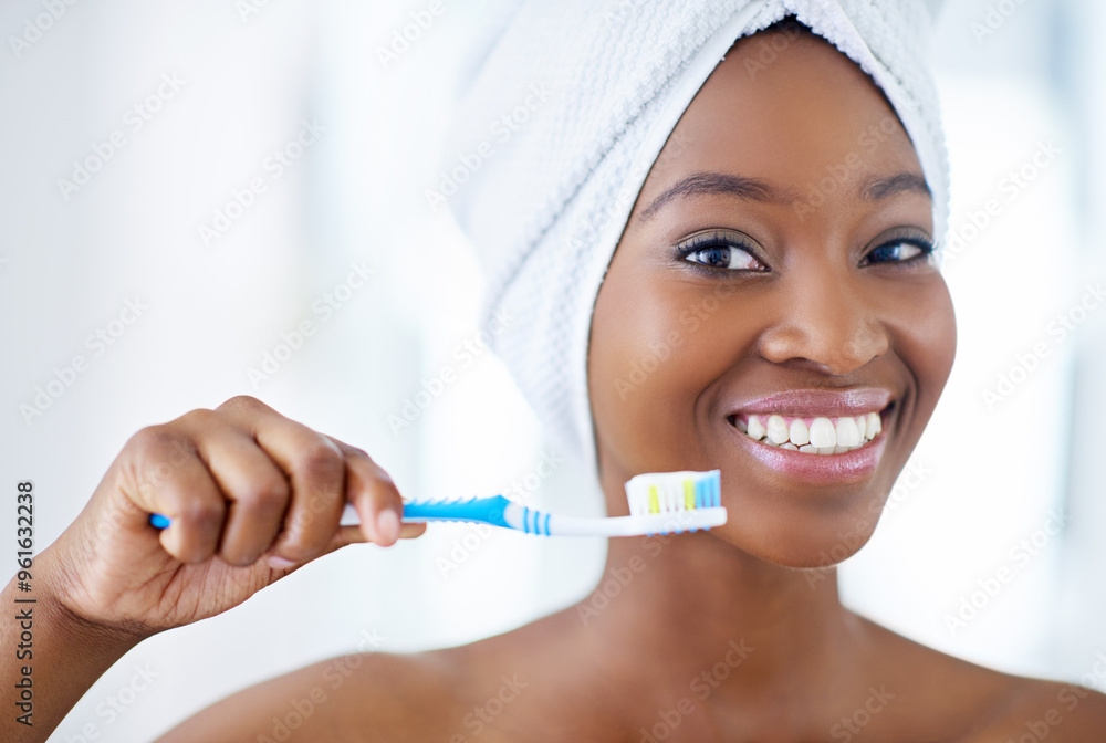 Dental, portrait and black woman with toothbrush in bathroom for fresh breath routine. Happy, oral care and African person cleaning teeth for cavity, plaque and gum disease prevention at home. Dental, portrait and black woman with toothbrush in bathroom for fresh breath routine. Happy, oral care and African person cleaning teeth for cavity, plaque and gum disease prevention at home.