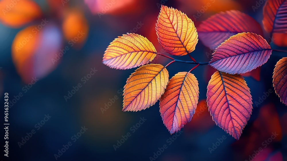 Obraz premium Vibrant autumn leaves in shades of orange, purple, and red, softly lit against a dark background. Captures the beauty of fall with its rich and warm colors.