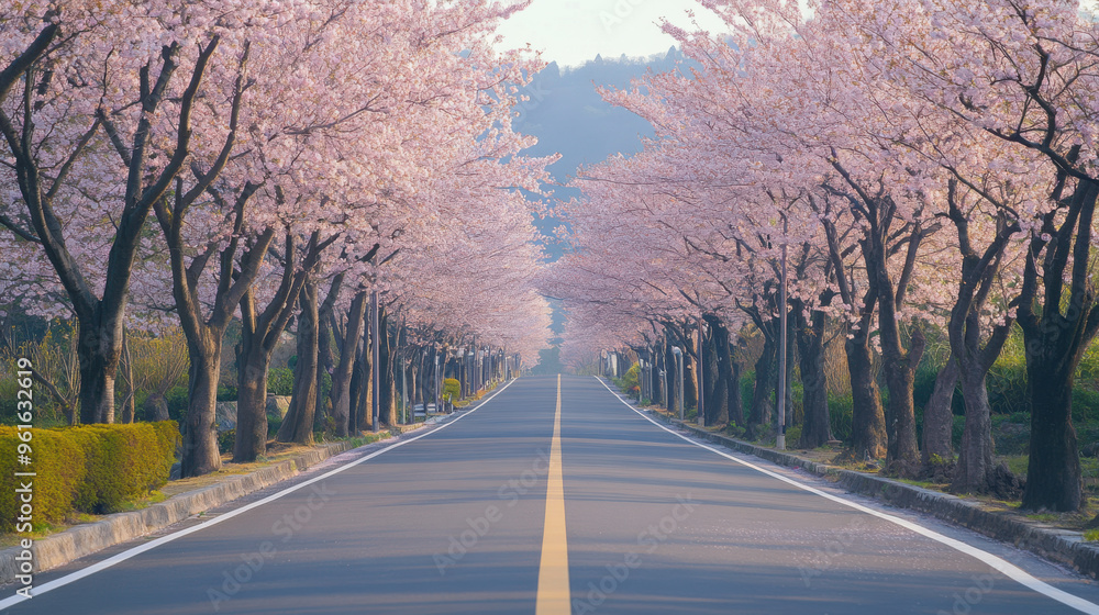 Fototapeta premium Scenic boulevard lined with cherry blossoms in Japan during spring.