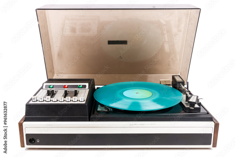 Fototapeta premium Vintage turntable record player with cyan vinyl isolated on white background.
