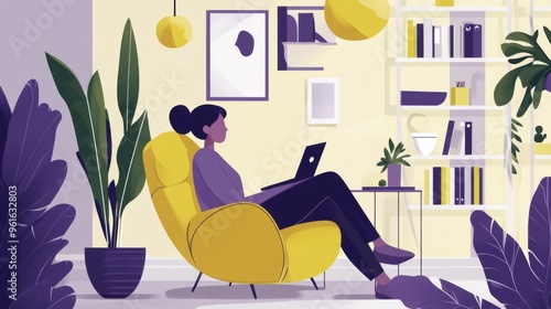 Home office wellness integration in refreshing lime and lavender colors with comic bookinspired illustrations emphasizing body and mind harmony
 photo