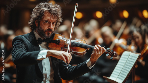 A skilled violinist performs passionately on stage, surrounded by an orchestral ensemble, creating an unforgettable musical experience. photo