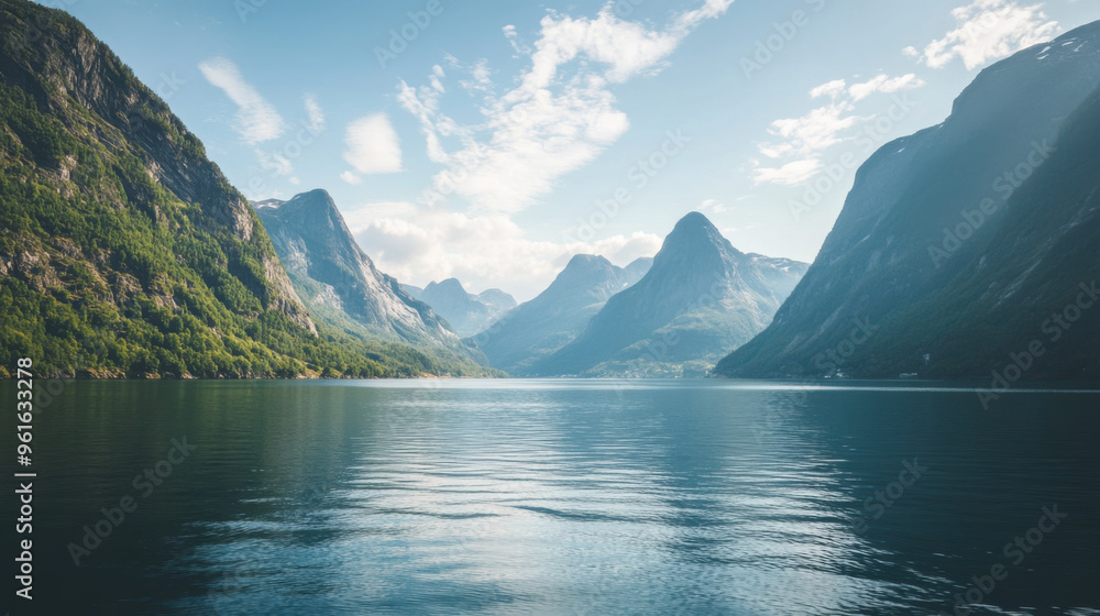 Scenic route through the fjords of Norway, with mountains rising from the water. Scenic route through the fjords of Norway, with mountains rising from the water.