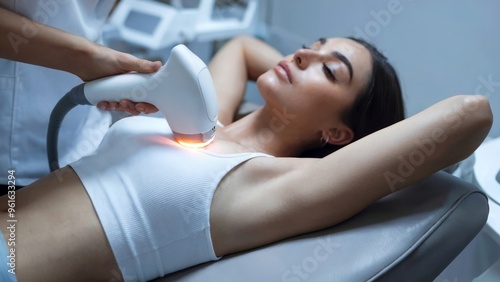 Woman receiving laser hair removal. Modern beauty treatment process. Professional beauty clinic application. For salon, spa, and skincare promotion. Closeup.