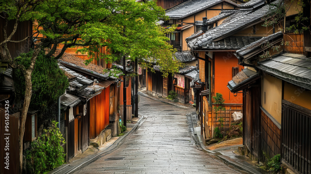 Serene street in Kyoto, Japan, with traditional wooden houses and quiet ambiance. Serene street in Kyoto, Japan, with traditional wooden houses and quiet ambiance.