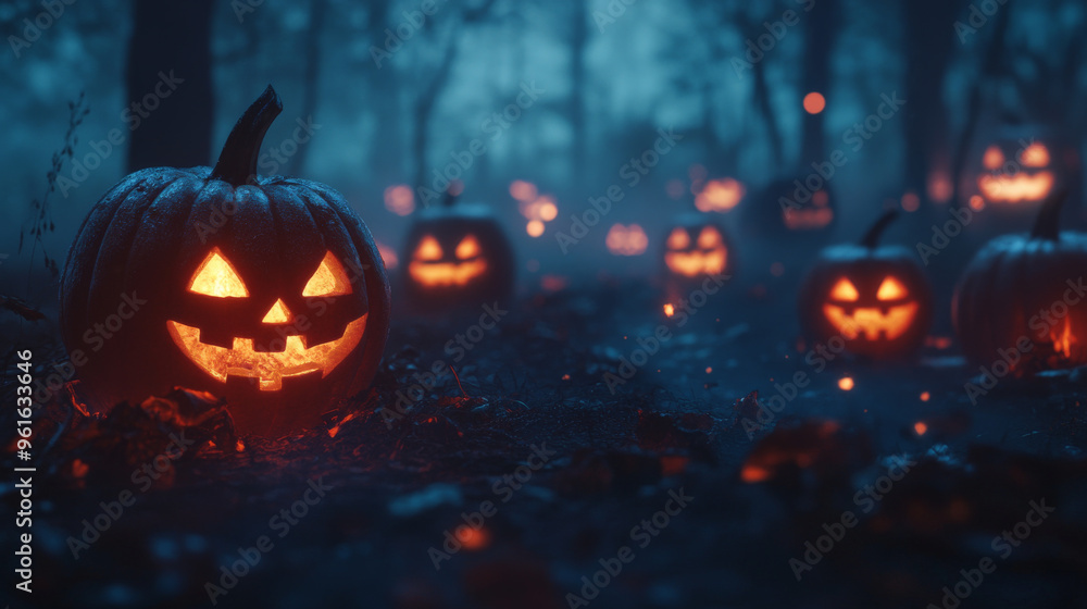 Spooky Glowing Pumpkins in Fog – Halloween Scene
Spooky Glowing Pumpkins in Fog – Halloween Scene