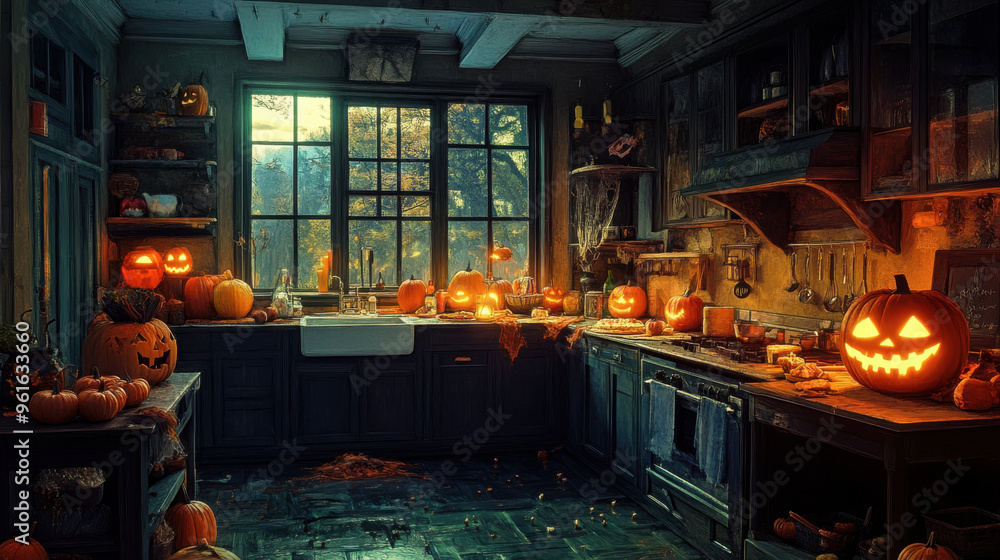 Shadowy Halloween kitchen with an eerie glow, as treats are carefully crafted for a night