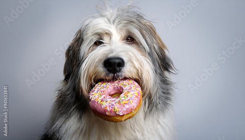 adorable old english sheepdog enjoying a donut photo