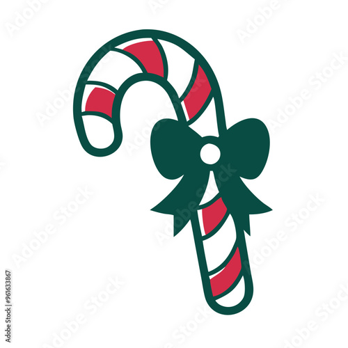 Festive Christmas candy cane with red and white stripes and a green bow decoration
