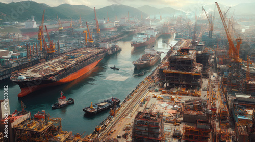 Shipbuilding yard in South Korea, with massive vessels under construction.