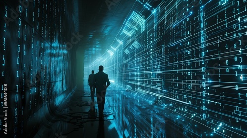 Two figures walk through a glowing corridor filled with binary code and digital patterns in a futuristic environment