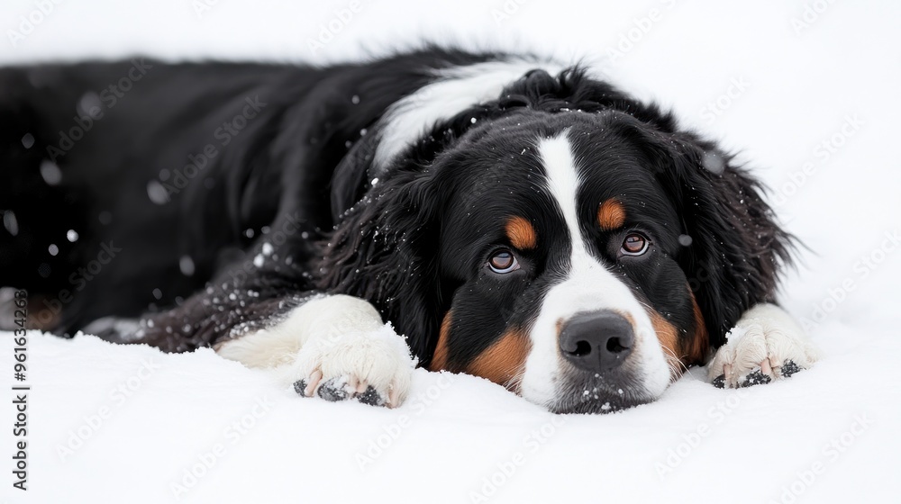 A Bernese Mountain Dog resting in the snow, showcasing its calm demeanor and beautiful fur. A Bernese Mountain Dog resting in the snow, showcasing its calm demeanor and beautiful fur.