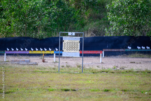 Rifle shooting target, 50m bench rest sport sporting shoot, gun accuracy score scoring, bullseye competition Australia photo