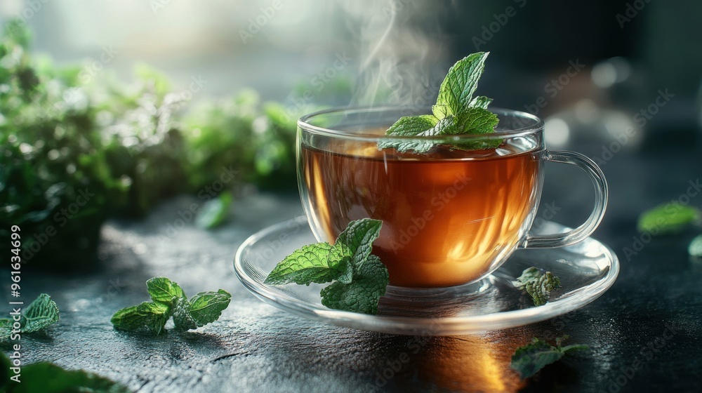 Hot Mint Tea in Glass Cup on Dark Background Hot Mint Tea in Glass Cup on Dark Background