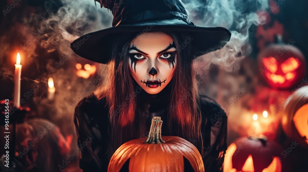 Witch with skeleton face paint amidst glowing pumpkins. Witch with skeleton face paint amidst glowing pumpkins.