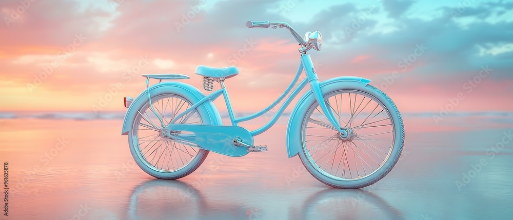 Fototapeta premium Vibrant Bicycle with Reflective Colors, Sunset Sky Background