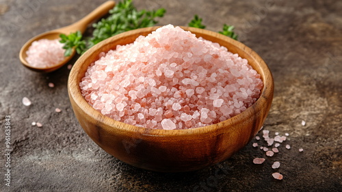 Pink Himalayan salt in wooden bowl