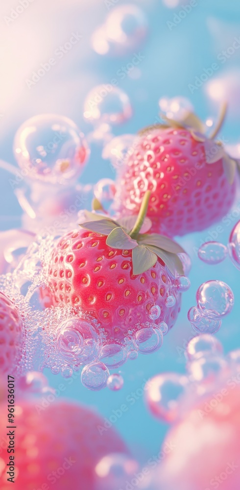 Fresh pink strawberries floating in sparkling water with bubbles creating a refreshing and vibrant atmosphere with a bright and colorful background, highlighting freshness and vitality. Fresh pink strawberries floating in sparkling water with bubbles creating a refreshing and vibrant atmosphere with a bright and colorful background, highlighting freshness and vitality.