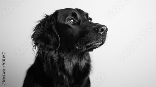 A black and white portrait of a dog, showcasing its profile and expressive features.