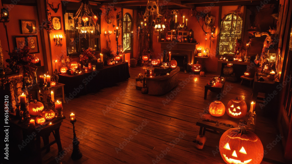 Spine-tingling Halloween party setup with dim lighting and shadowy corners, perfect Spine-tingling Halloween party setup with dim lighting and shadowy corners, perfect