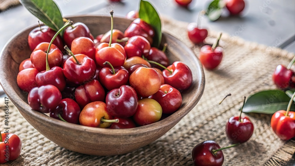 Close-up of bright, shiny acerola cherries, freshly picked. The deep red fruits are clustered together, highlighting their natural freshness and high vitamin C content Close-up of bright, shiny acerola cherries, freshly picked. The deep red fruits are clustered together, highlighting their natural freshness and high vitamin C content