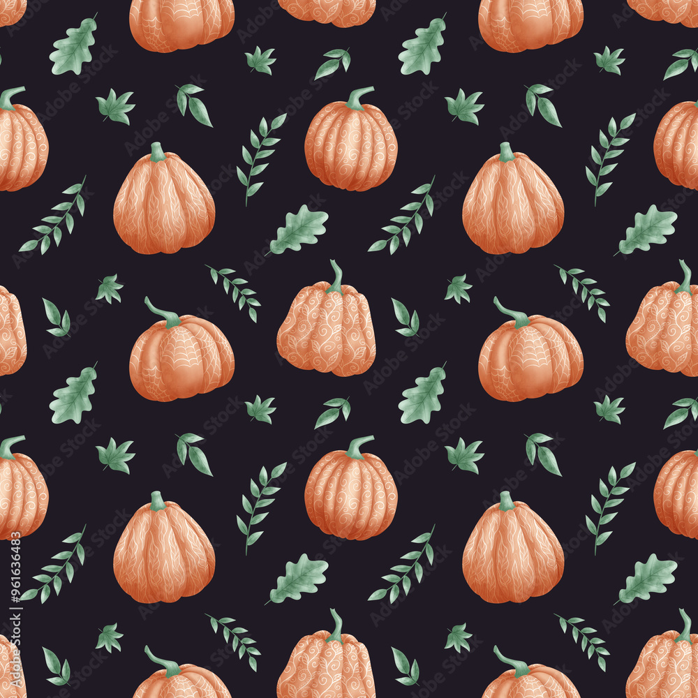 Seamless pattern of various pumpkins with textured patterns surrounded by green leaves on the dark background Seamless pattern of various pumpkins with textured patterns surrounded by green leaves on the dark background