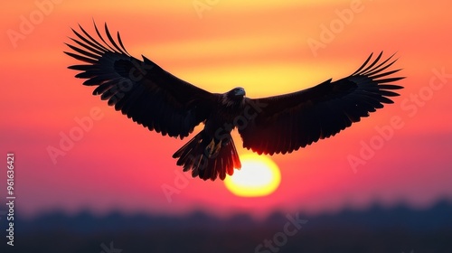 Eagle Silhouette Flying Against a Sunset Sky