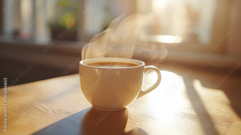 Steaming hot coffee in a white ceramic cup, morning sunlight pouring through the window. Steaming hot coffee in a white ceramic cup, morning sunlight pouring through the window.