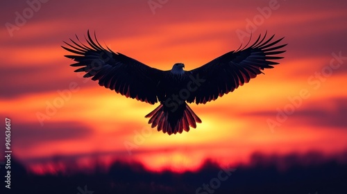 Silhouette of a Bald Eagle Soaring Against a Dramatic Sunset