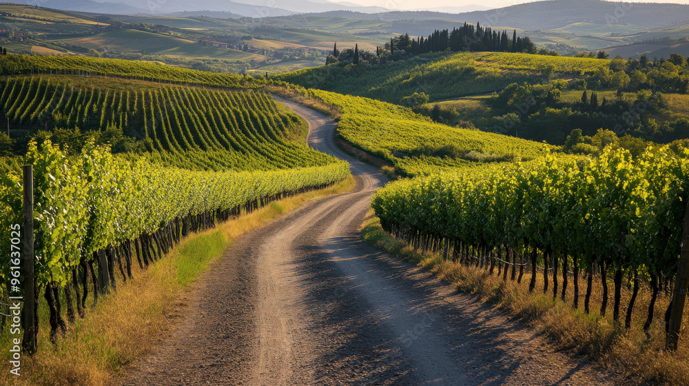 Naklejka premium Sunlit road through the vineyards of Tuscany, Italy, with rolling hills in the background.