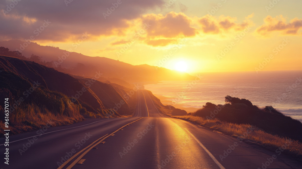 Sunset view on a coastal highway in California, USA, with the ocean on one side. Sunset view on a coastal highway in California, USA, with the ocean on one side.