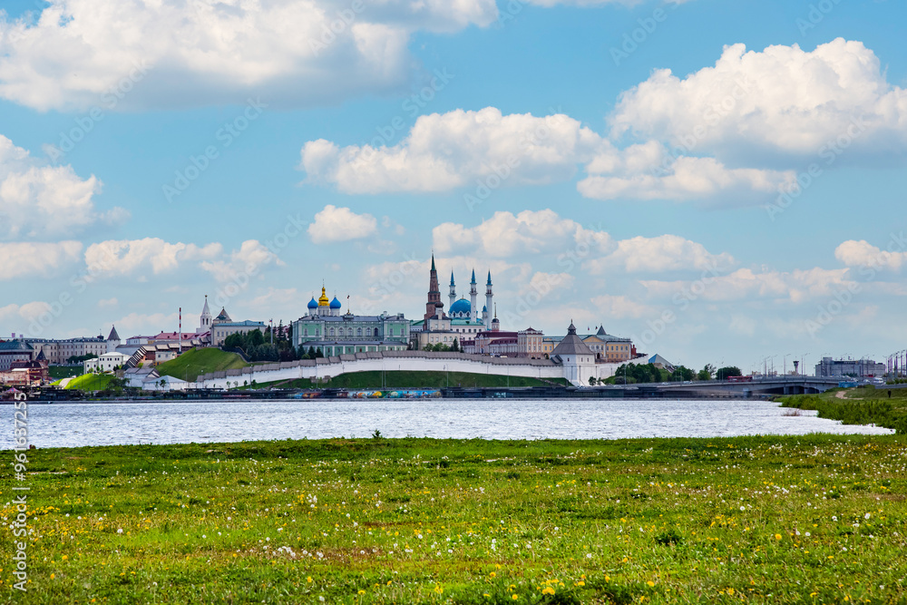 Fototapeta premium Panorama of the Kazan Kremlin, Russia. The panorama shows in Kremlin: Presidential Palace, Soyembika Tower, Annunciation Cathedral, Qolsharif Mosque; outside Kremlin
