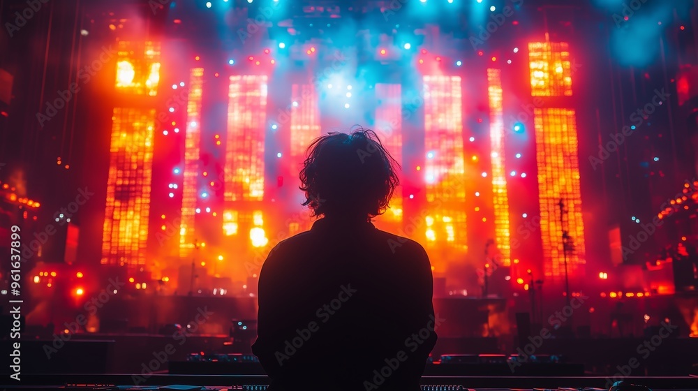 A concertgoer enjoys the vibrant lights and energy of a music festival performance with colorful displays in the background A concertgoer enjoys the vibrant lights and energy of a music festival performance with colorful displays in the background