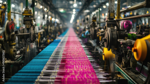 Textile manufacturing in Bangladesh, with rows of machines weaving fabrics.