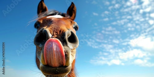 Laughing horse with its tongue out.