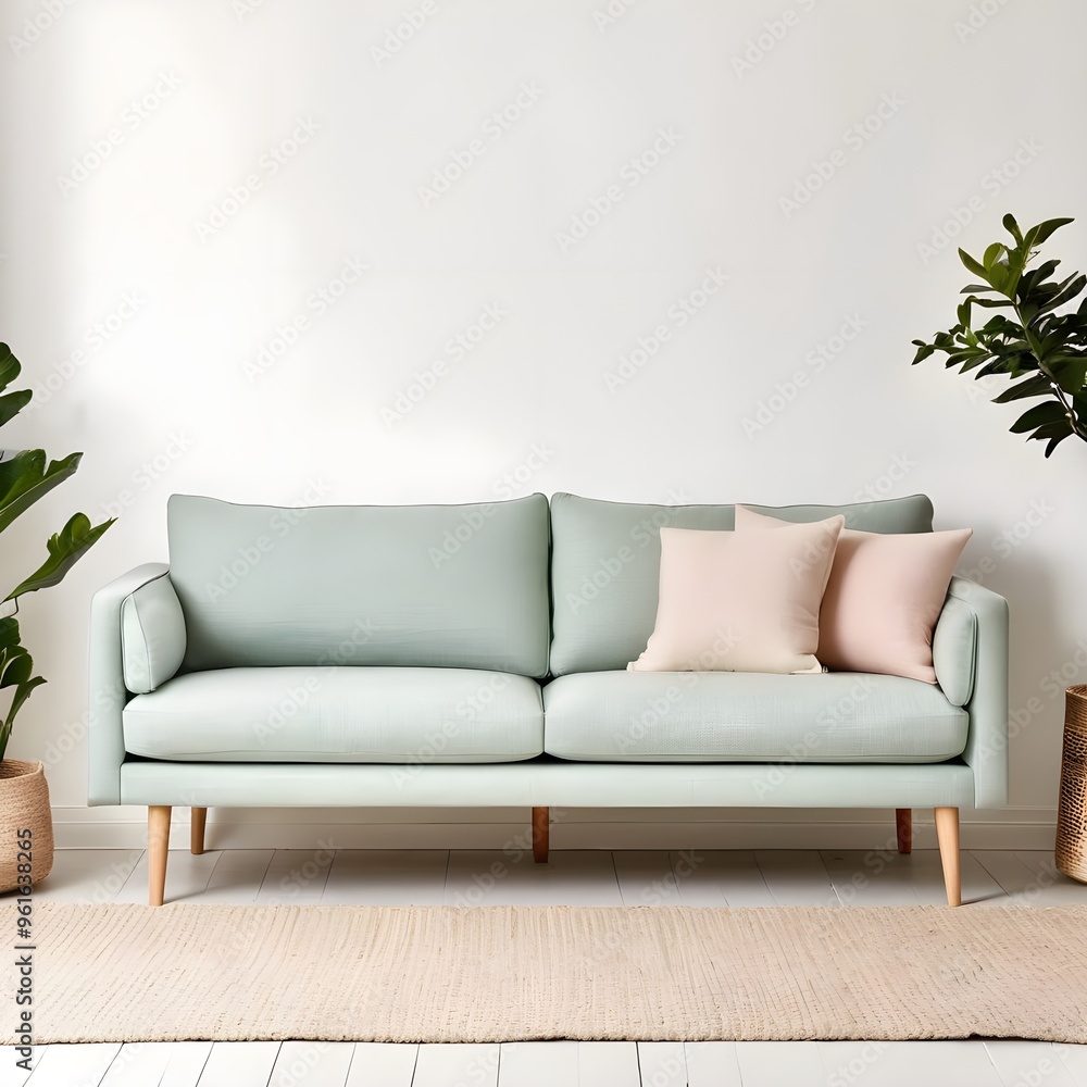 Fototapeta premium Scandinavian Minimalist Sofa with Light Wood Legs and Pastel Linen Upholstery – Clean Lines and Airy Feel, modern living room with sofa