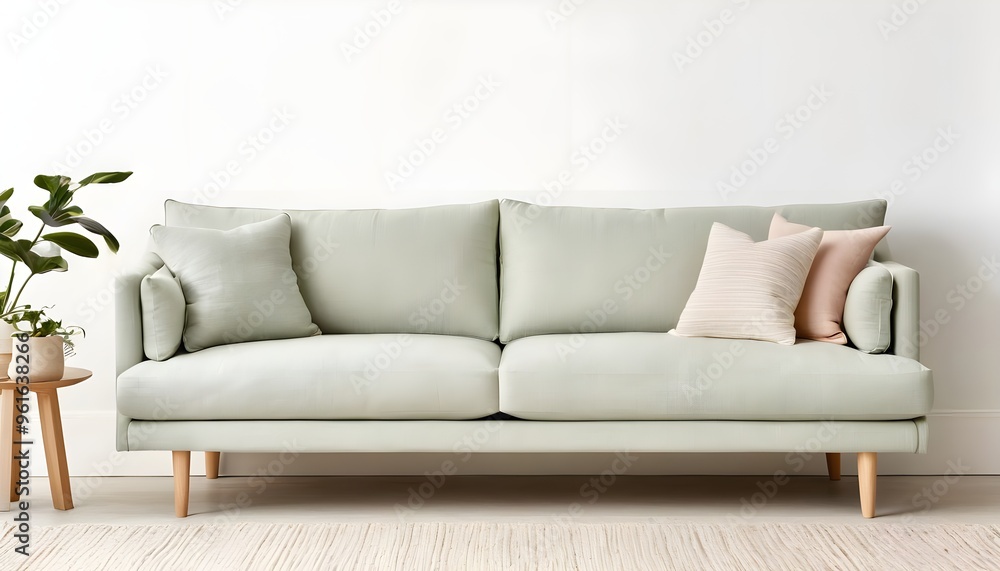 Fototapeta premium Soft Pastel Scandinavian Sofa with Light Wood Legs and Linen Fabric – Minimalist Design for a Fresh and Simple Look, sofa isolated on white background