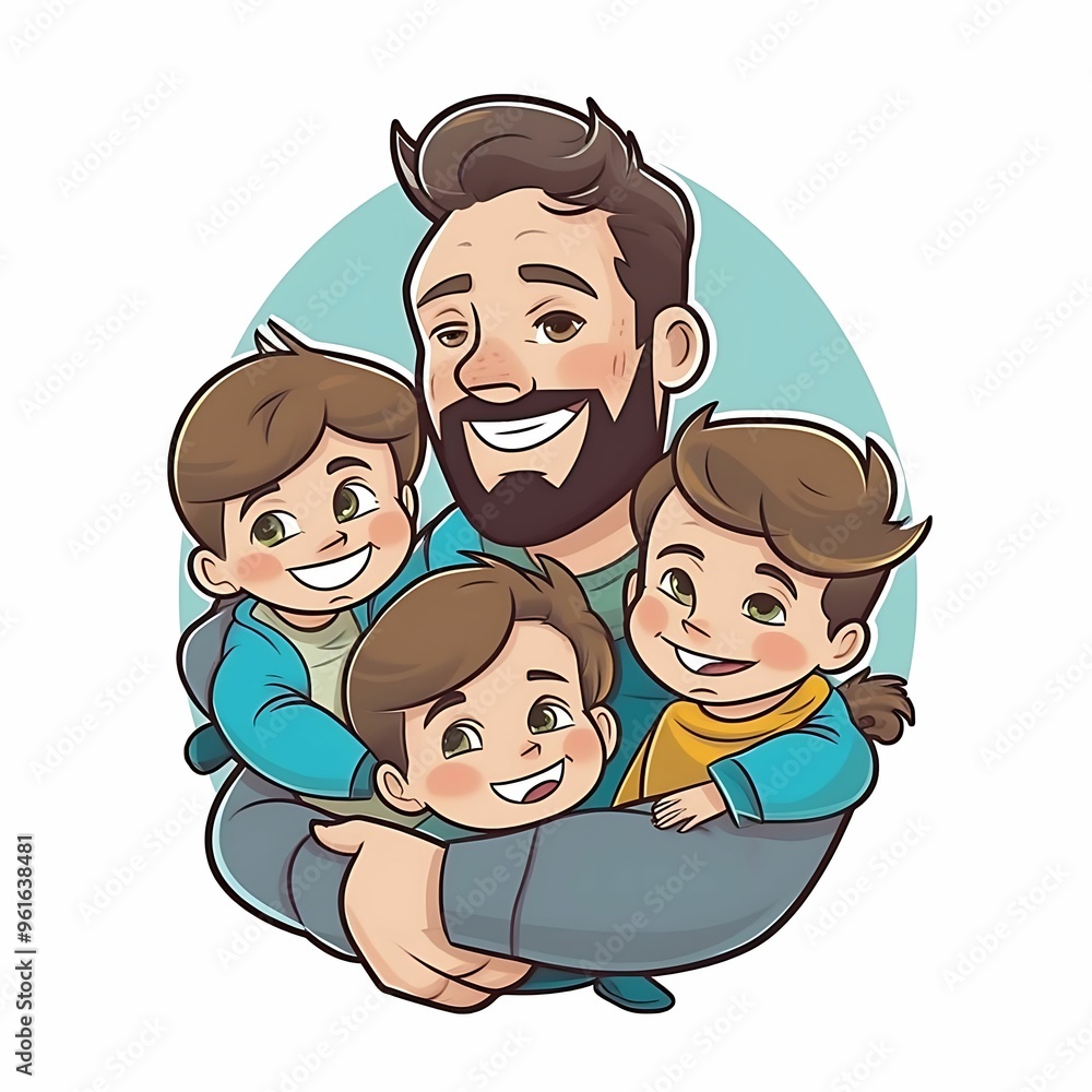 A father happily embraces his three young children in a cheerful and colorful illustration A father happily embraces his three young children in a cheerful and colorful illustration