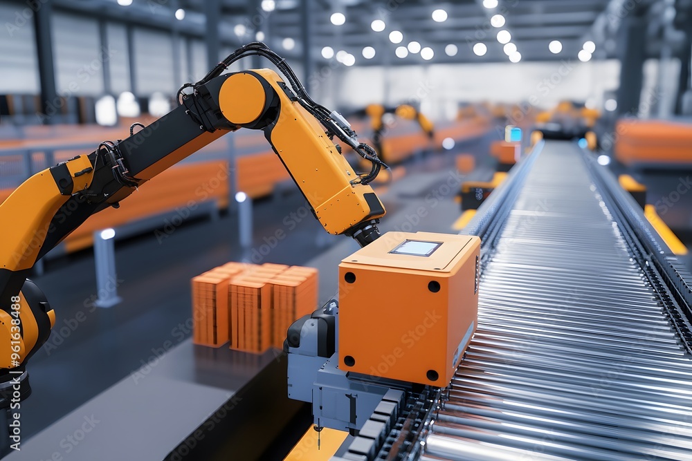 Robotic Arm Placing Package on Conveyor Belt in Industrial Setting Robotic Arm Placing Package on Conveyor Belt in Industrial Setting