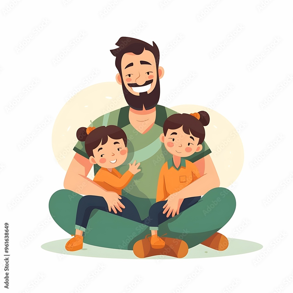 Loving father embraces his daughters while sitting on the floor in a bright and cheerful space Loving father embraces his daughters while sitting on the floor in a bright and cheerful space