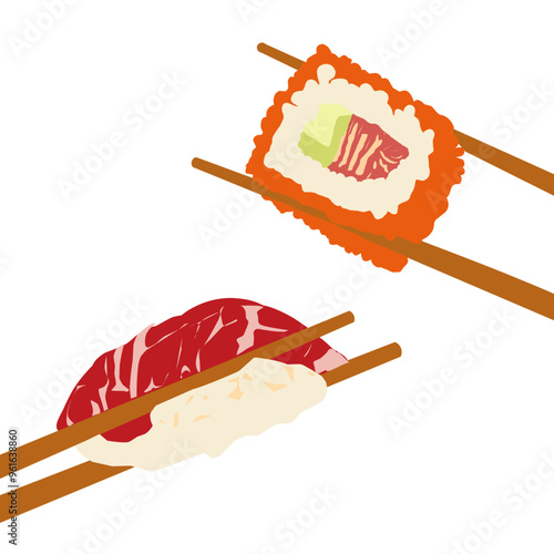 hand drawn sushi with chopsticks, colored vector.