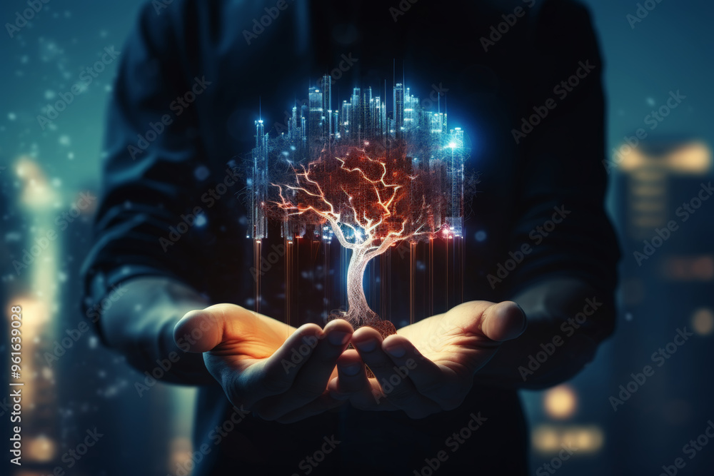 The hands close up holding a glowing digital tree. The hands close up holding a glowing digital tree.