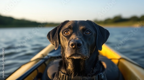 A black dog sitting in a kayak on calm water during sunset.