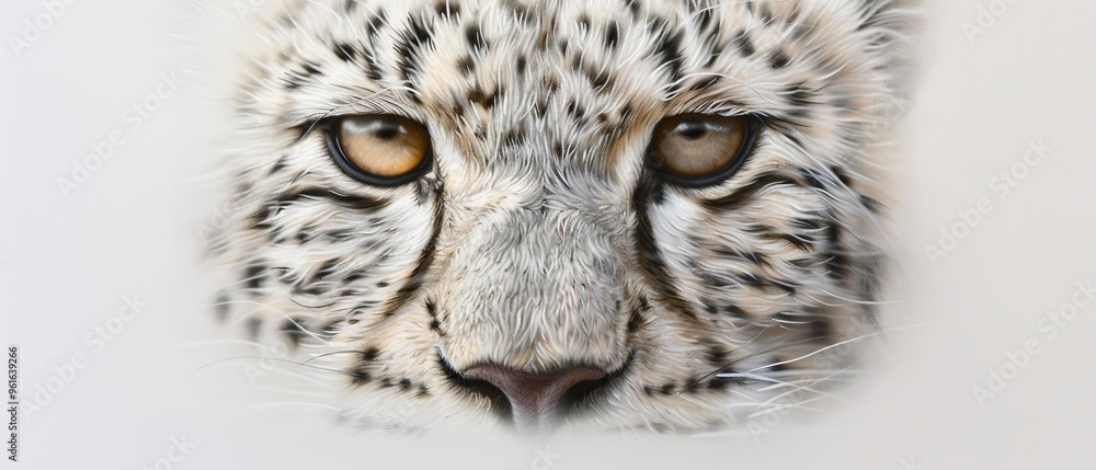 Obraz premium A snow leopard's face up close against a distant white wall backdrop, another white wall near