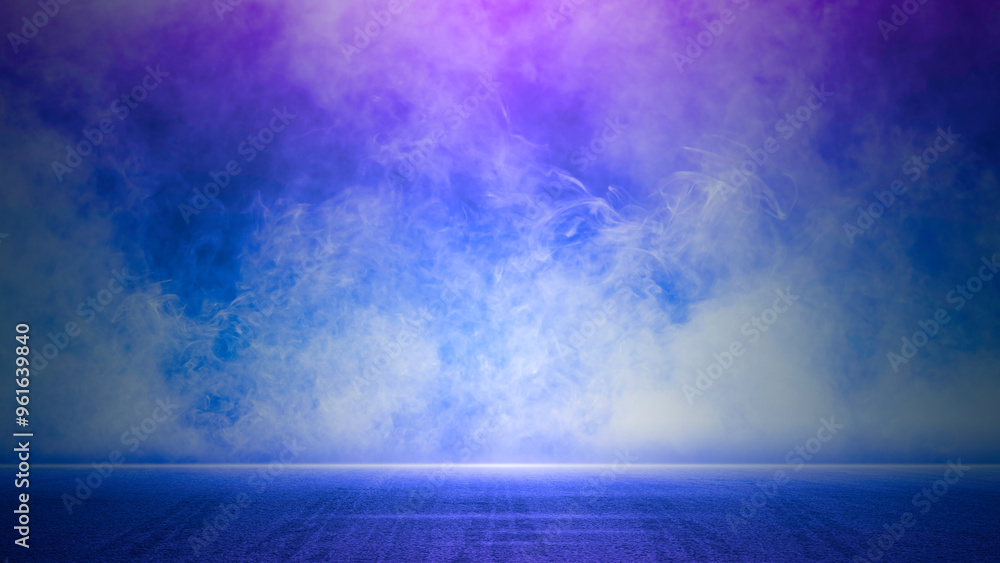 Fototapeta premium Halloween background wallpaper, dark blue gradient, Abstract light, moon night with smoke float up, street asphalt floor, Dark scene colorful lights for holiday poster, Creepy mystical, studio room