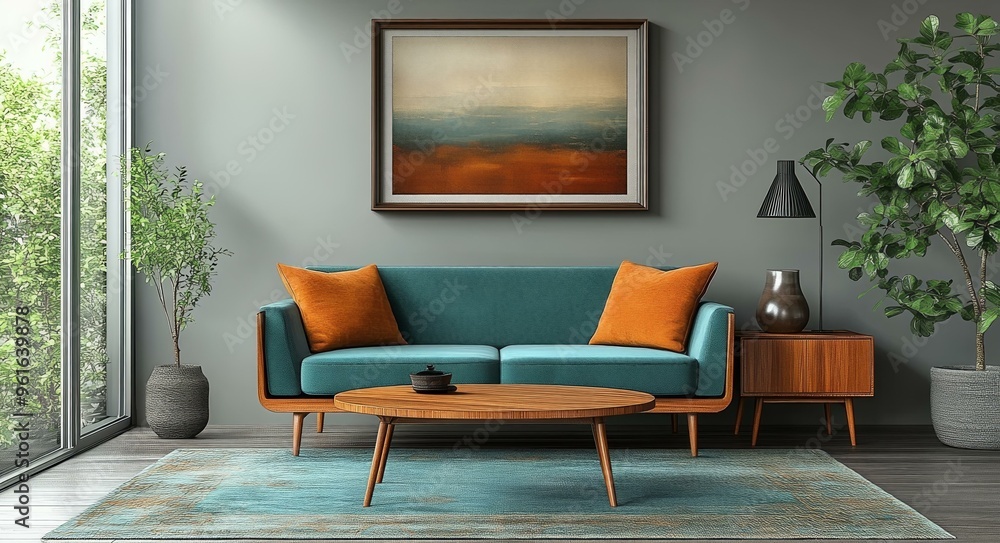 Fototapeta premium Modern Living Room Interior with Couch, Ottoman and Picture Frame