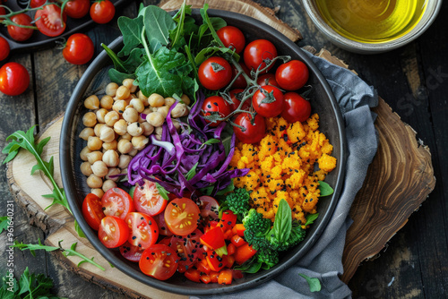 Fresh Vegan Salad with Cherry Tomatoes, Chickpeas, Greens, and Red Cabbage