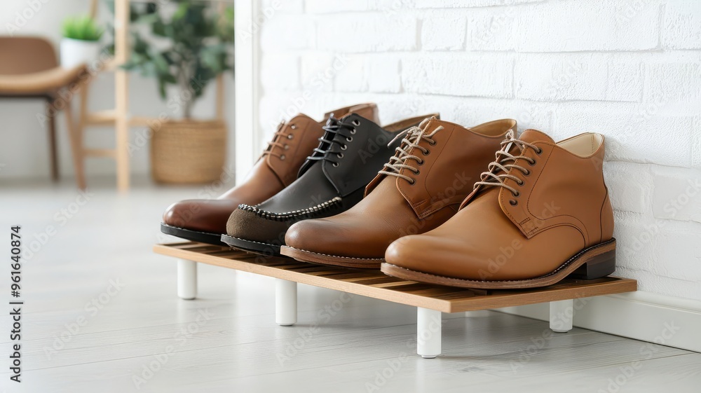 Organizing shoes in the hallway, neatly arranging them on a shoe rack Organizing shoes in the hallway, neatly arranging them on a shoe rack