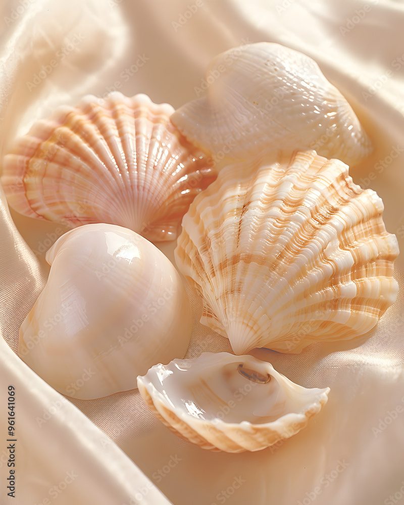 Various seashells with a pearlescent finish, highlighting their shapes and textures. Soft light should create a sense of tranquility and aesthetic beauty. Various seashells with a pearlescent finish, highlighting their shapes and textures. Soft light should create a sense of tranquility and aesthetic beauty.